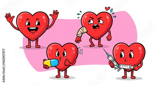 Cartoon Heart Characters Set – Waving, Broken Arm, Holding Pill & Syringe Vector Illustrations