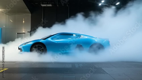 Aerodynamic Testing: Blue Sports Car in Wind Tunnel with Airflow Visualization
