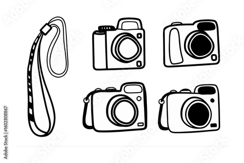 Hand drawn sketch of four compact digital cameras and a camera wrist strap in a simple black and white line art style