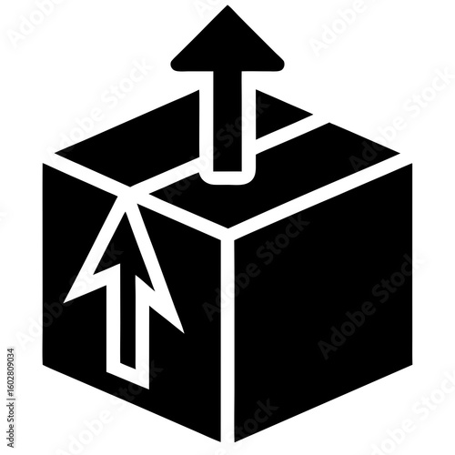 Black and white icon of a cardboard box with an upward arrow
