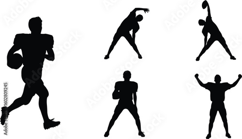 Dynamic Silhouettes of American Football Players in Various Poses Running with Ball, Stretching, Celebrating Victory