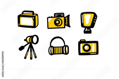 Collection of hand drawn photography icons featuring cameras tripod flash bag and more artistic equipment