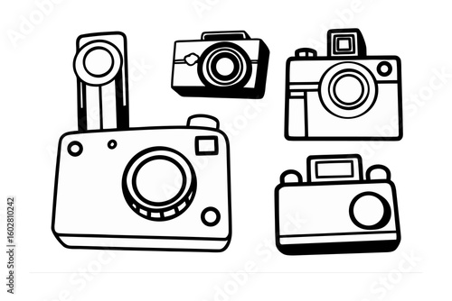 Collection of four hand drawn vintage style cameras featuring different designs and flash attachments in black and white