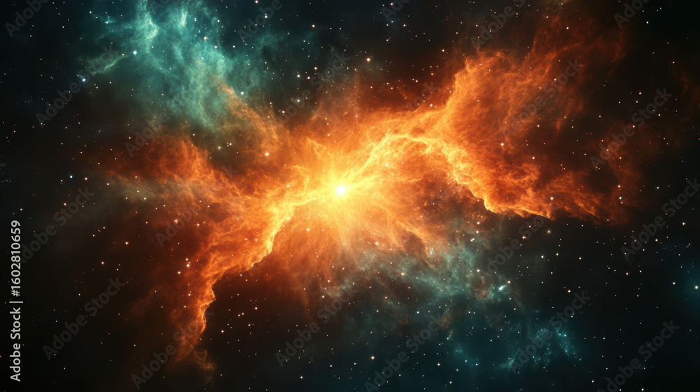 Fototapeta premium Fiery Orange and Teal Nebula in Dark Space