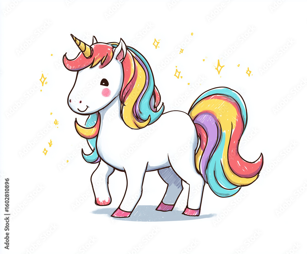 Fototapeta premium Vibrant Cartoon Unicorn Illustration with Rainbow Mane and Sparkling Accents