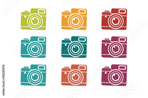 A vibrant collection of nine stylized retro camera icons in a grid each rendered in a different bright color