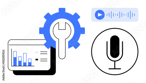 Wrench gear symbolizing customization overlaying bar chart, microphone icon, audio waveform. Ideal for podcast production, data analysis, media editing, online tools, technology, voice recognition