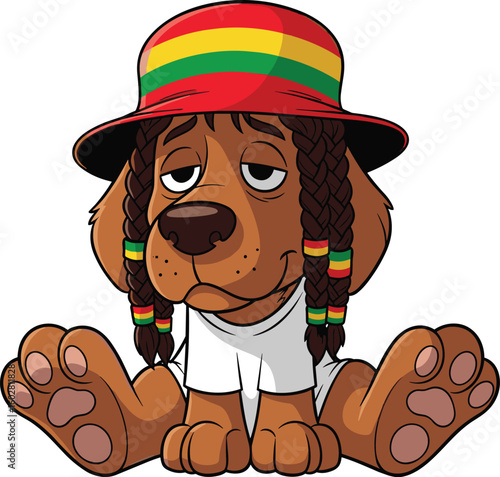 Funny cartoon reggae dog, Rasta puppy illustration, cute dog with dreadlocks and hat, chill animal character art, vector clipart design
