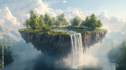 Floating Island with Waterfall and Lush Green Trees Under a Bright Sky