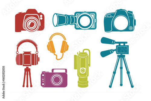 A vibrant collection of photography and videography equipment rendered in a textured colorful and artistic illustration style