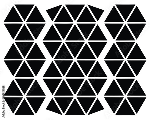 A geometric pattern of black triangles creates a modern abstract design