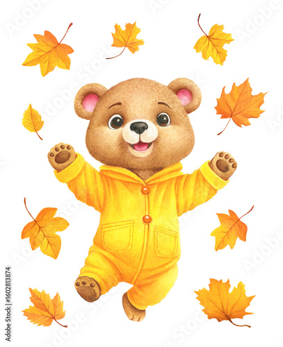 Hand-drawn watercolor illustration of cute cartoon Teddy bear . Autumn leaves background