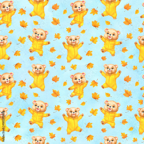  Seamless pattern of cute cartoon Teddy bears in yellow clothes and autumn leaves. Hand-drawn watercolor illustration