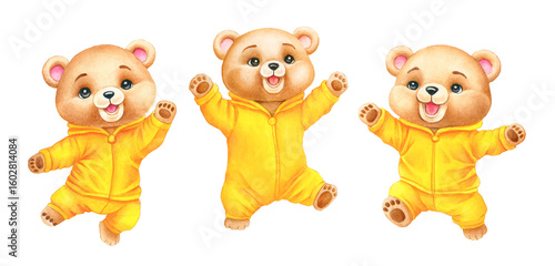 Hand-drawn watercolor illustration of cute cartoon Teddy bears in yellow clothes. 