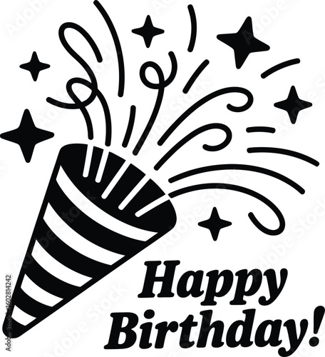 Black and white illustration of a party popper with happy birthday text