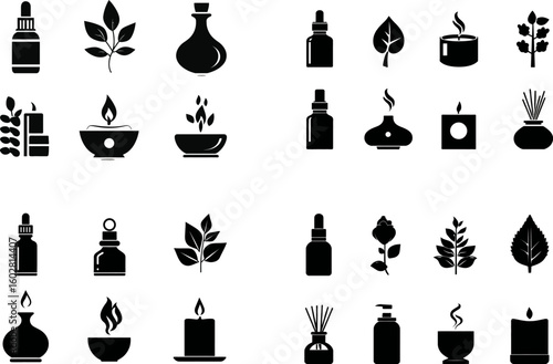 Essential oil and aromatherapy icons set for spa and wellness vector illustration