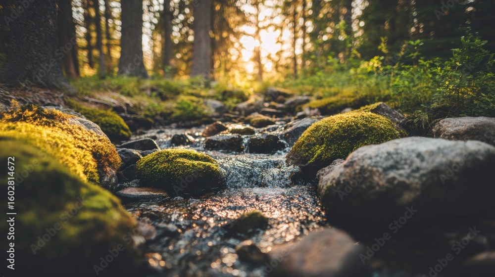 Fototapeta premium Gentle stream flowing over rocks covered in moss in a sunlit forest.