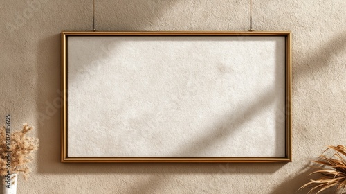 An empty horizontal picture frame hangs on a smooth textured wall, surrounded by soft natural decor. The room offers a calm and inviting atmosphere, perfect for personal or artistic displays