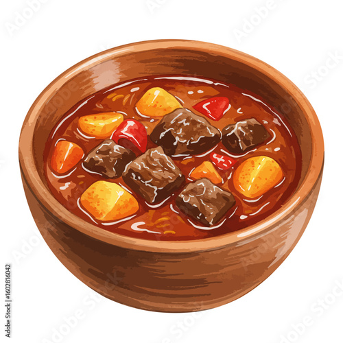 Hearty Beef Stew in Wooden Bowl Illustration