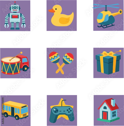 Collection of colorful children's toys including a robot, duck, helicopter, and drum for playtime fun
