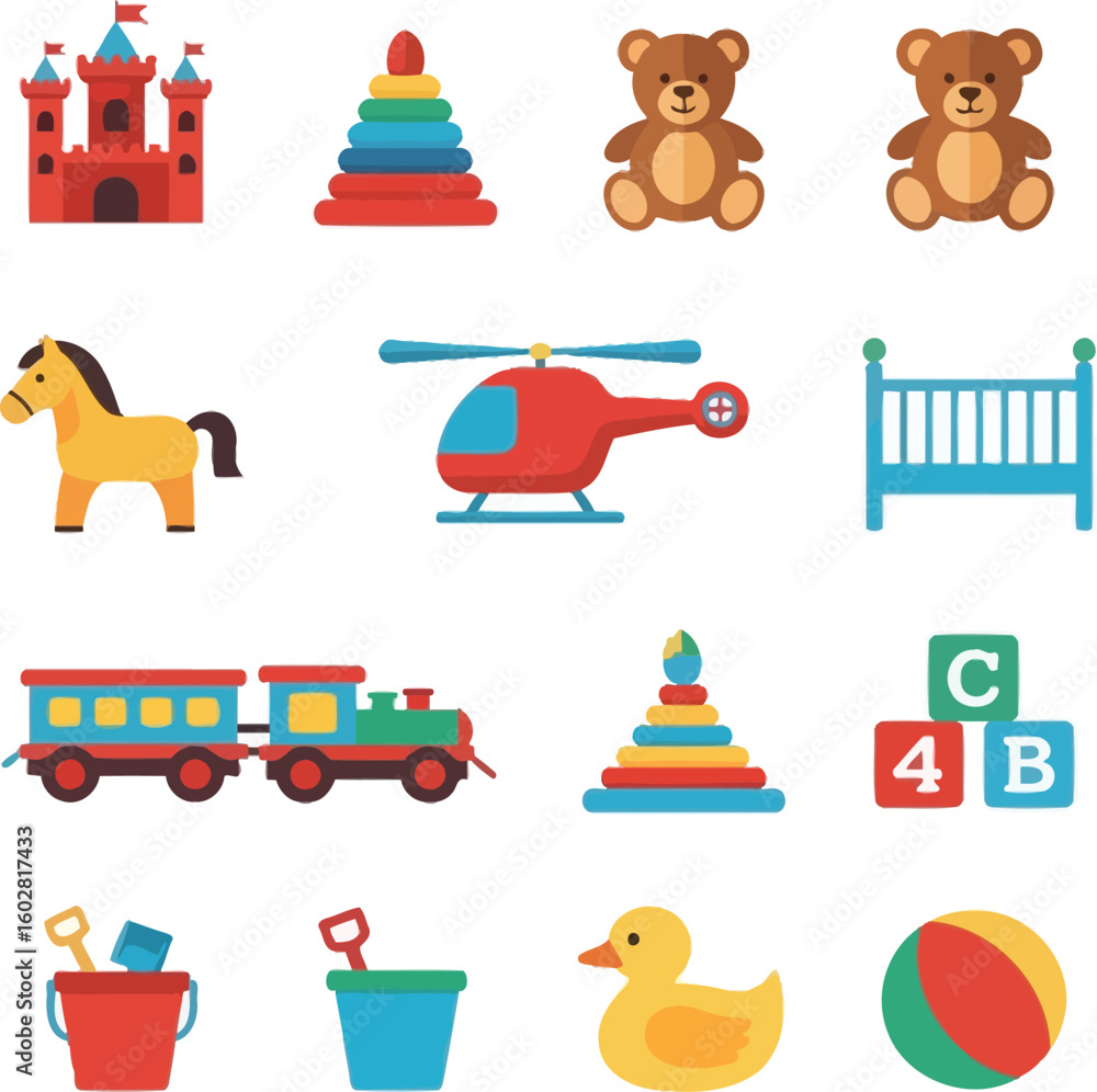Naklejka premium Adorable collection of colorful children's toys including teddy bears, train, and blocks for playful learning
