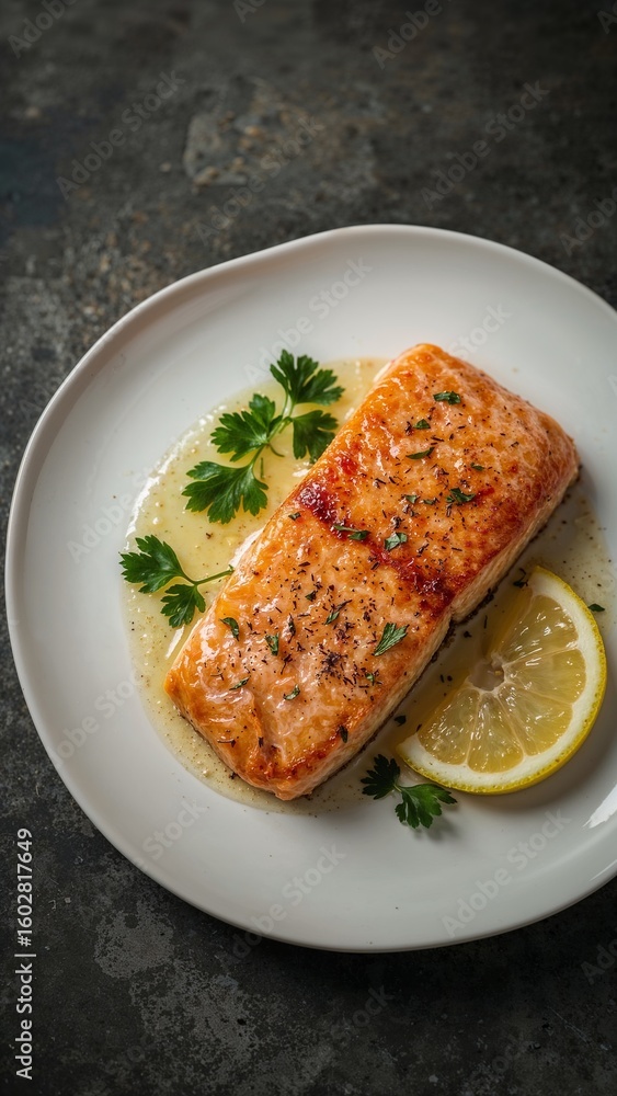 A salmon fillet on a white plate with lemon and parsley garnish and sauce on a dark background A salmon fillet on a white plate with lemon and parsley garnish and sauce on a dark background