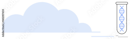 DNA structure in test tube with cloud imagery, symbolizing genetic research, biotechnology, cloud computing, data storage, healthcare, innovation, and science. Ideal for modern technology and life