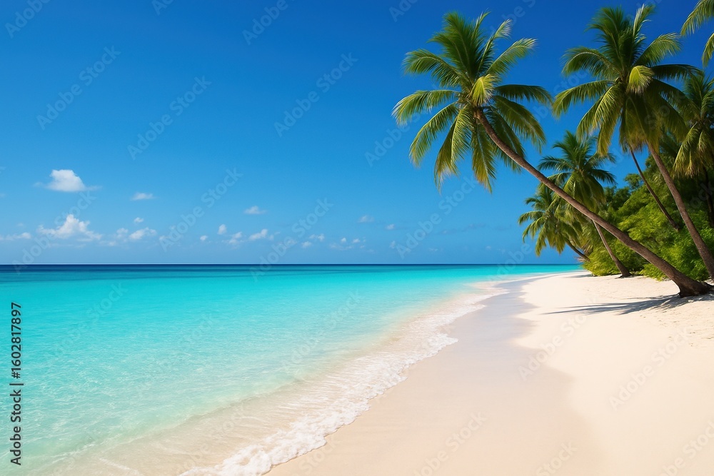 Naklejka premium Crystal clear turquoise water and white sand beach in tropical paradise setting