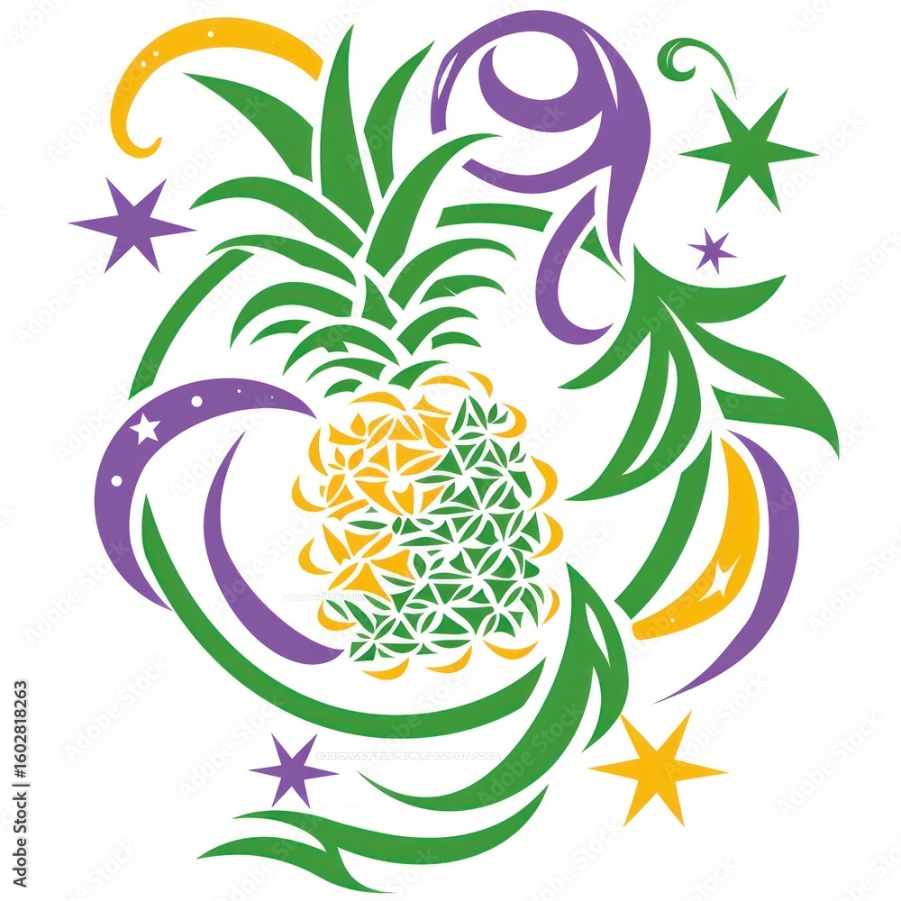 Naklejka premium Ornate pineapple graphic design with swirls and stars