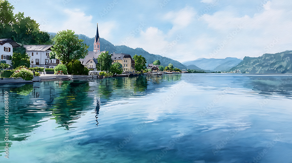 Fototapeta premium St. Gilgen Watercolor Landscape With Village, Gardens, And Lake Reflections
