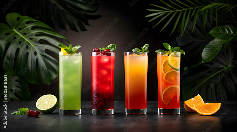 Fototapeta premium Four colorful tropical cocktails with fruit and mint garnish