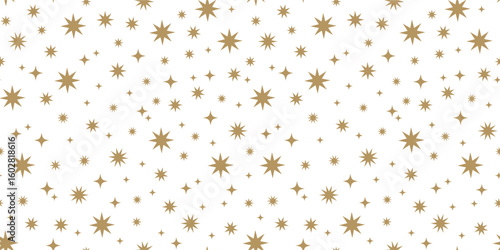 Holiday background with golden stars. Decoration for gift wrapping paper, fabric, clothes, textile, surface textures, scrapbook.