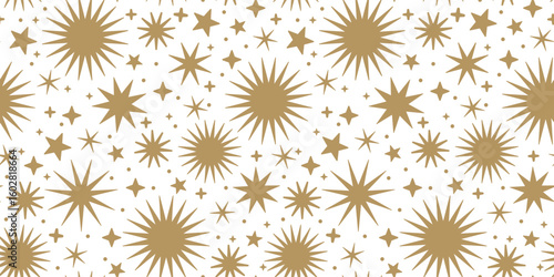 Holiday background with golden stars and snowflakes. Decoration for gift wrapping paper, fabric, clothes, textile, surface textures, scrapbook.