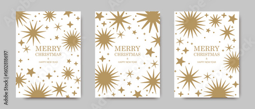 Merry Christmas and Happy New Year! Luxury brochure covers, cards, greetings, posters, holiday vector illustrations set. Golden stars on white background.