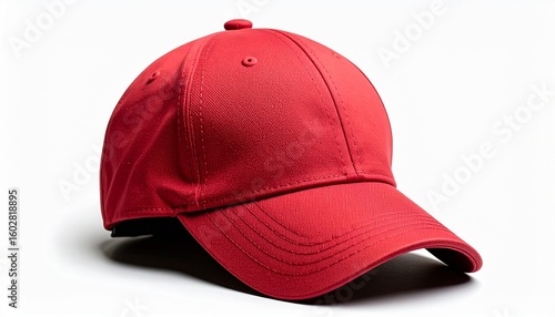 Wallpaper Mural Red baseball cap with curved brim and visible stitching, made of fabric material, shown at angled view with brim facing downward. Isolated on white background for apparel product presentation Torontodigital.ca
