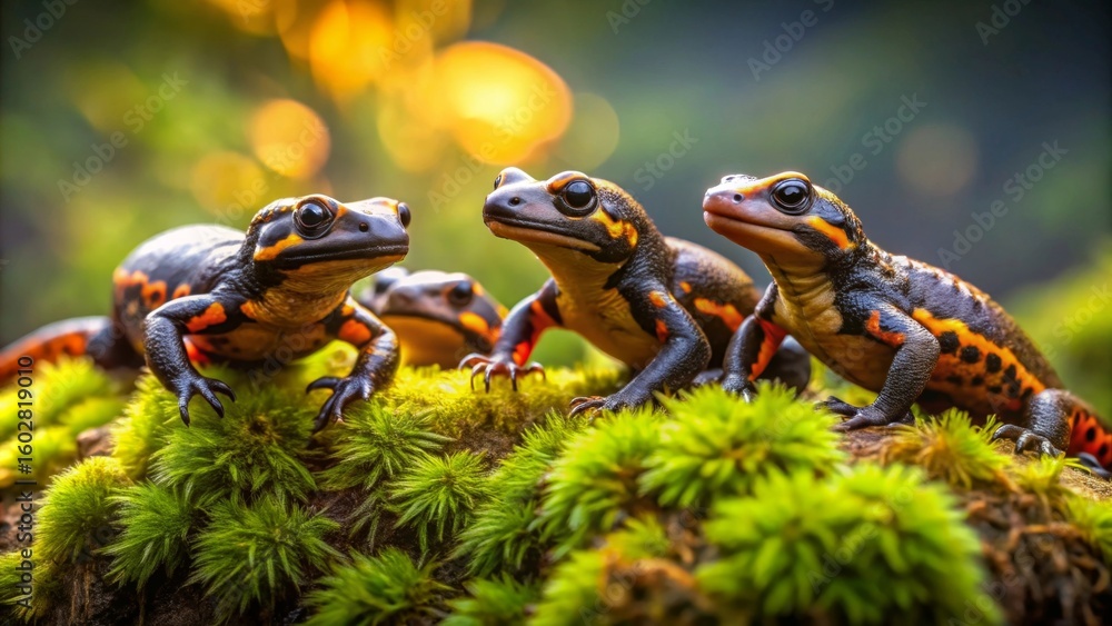 Naklejka premium A Trio of Vibrant Amphibians Perched on Lush Green Moss, Basking in the Warm Glow of a Forest Sunset