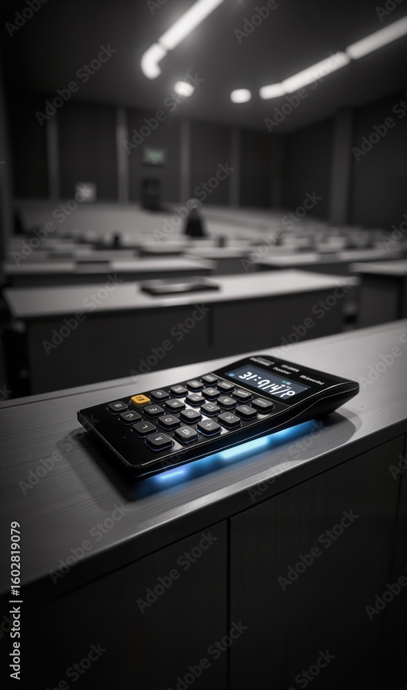 A sleek calculator rests on a desk in an empty lecture hall, symbolizing education, finance, and technology in a modern learning environment. A sleek calculator rests on a desk in an empty lecture hall, symbolizing education, finance, and technology in a modern learning environment.
