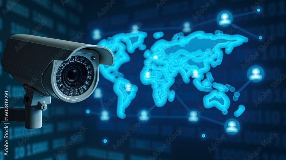 Obraz premium A surveillance camera in the foreground with a digital futuristic background showing a glowing blue global Connectivity, smart global drone network connection, worldwide delivery.