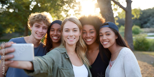 Group of diverse young friends taking a selfie outdoors, surrounded by greenery and sunlight, capturing joyful moments and friendship in a vibrant atmosphere