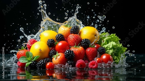 A collection of various fruits with splash of water is displayed against a deep black background, illuminated from the front, 3d render
