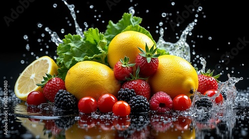 A collection of various fruits with splash of water is displayed against a deep black background, illuminated from the front, 3d render