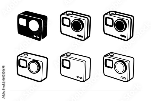 A collection of six isometric line art illustrations of compact action cameras in black and white