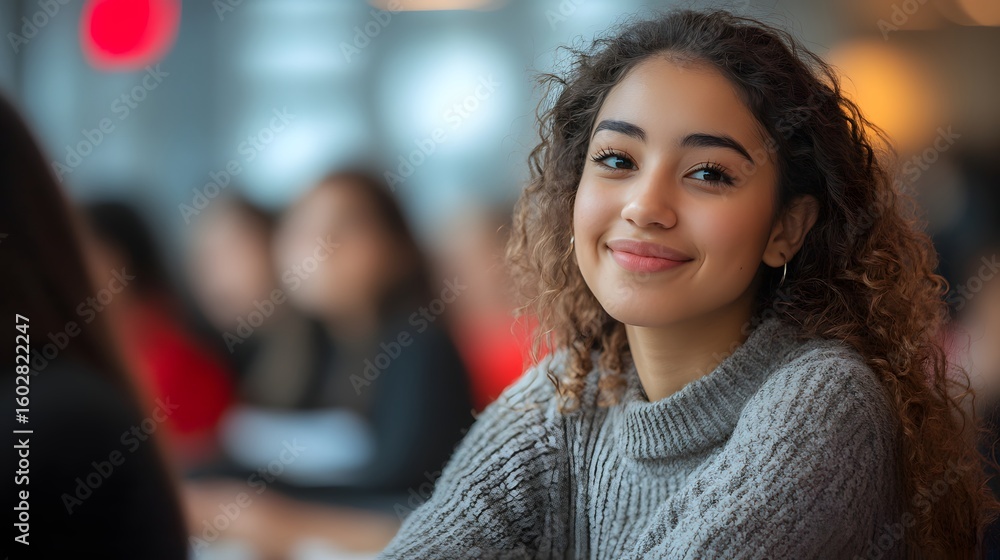 Obraz premium A smiling young woman with curly hair, in a gray knitted sweater. The blurred background suggests a cafe. Modern Studies theme, highlighting a cozy and approachable vibe.