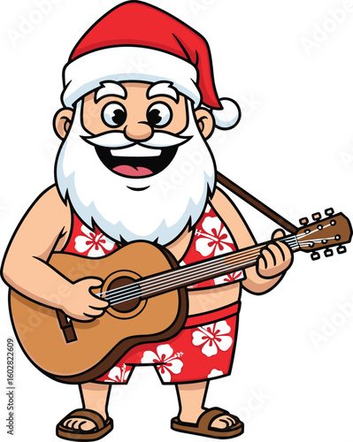 Cartoon Santa Claus playing guitar in summer clothes, tropical holiday character, Christmas beach theme, festive music fun illustration design