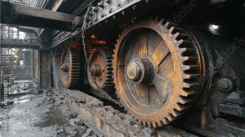 Close-up of large, rusty gears and industrial machinery within a dark, aged factory setting; conveying a sense of age, heavy industry, and possibly disuse