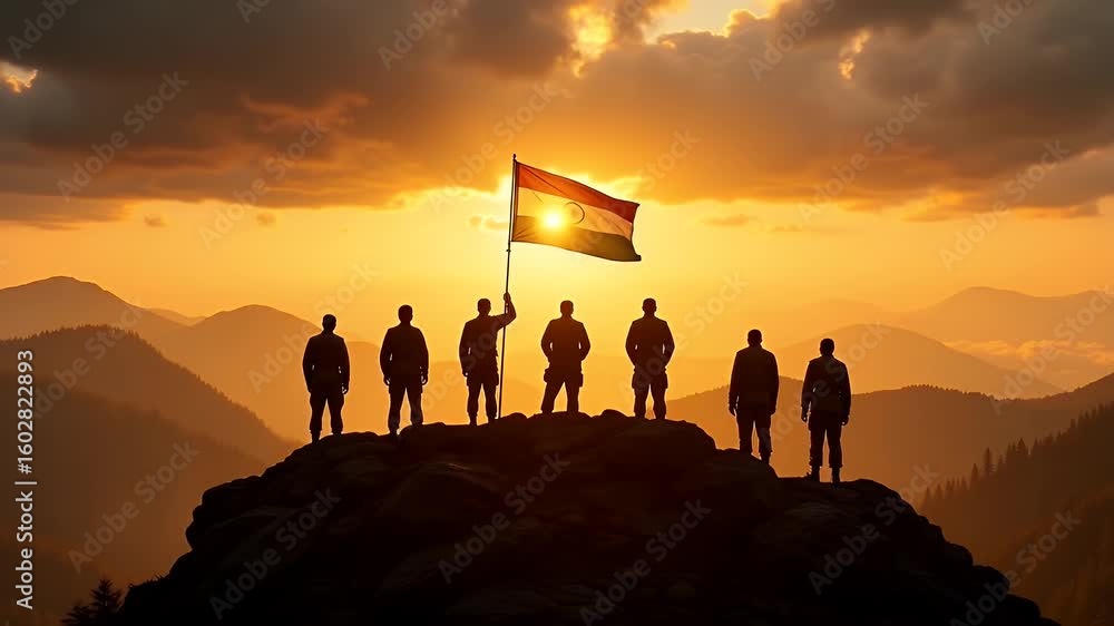 Soldiers standing proudly silhouetted on mountain peak at sunrise, flying the Indian flag