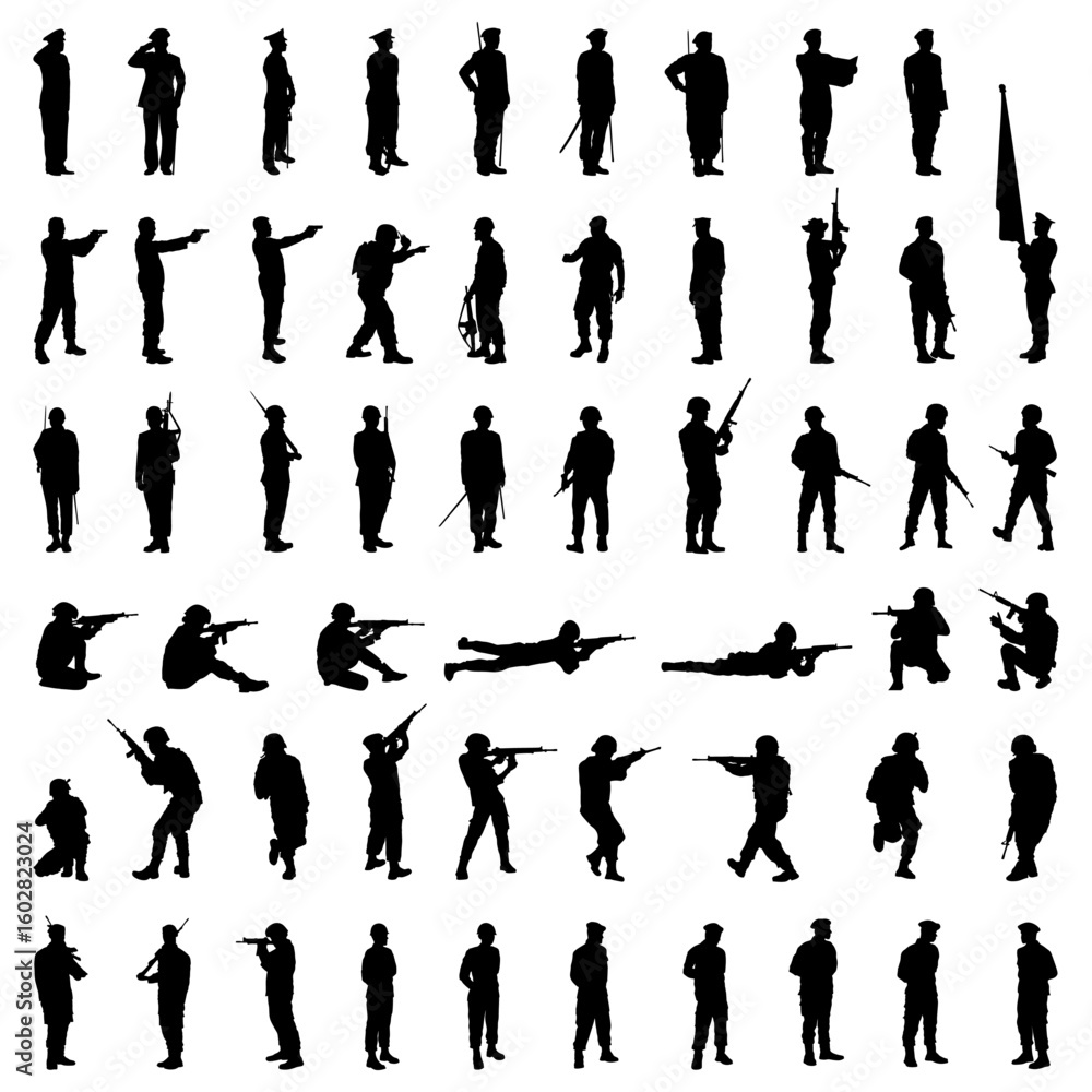 Fototapeta premium Collection of military silhouettes. Soldiers in various poses. Vector illustrations.