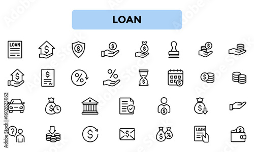 Loan Line Icons – Unique Financial and Lending Vector Set for Banking, Mortgage, Interest, and Money Concepts