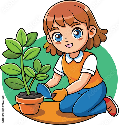 International Youth Day Girl Planting Tree Vector Illustration