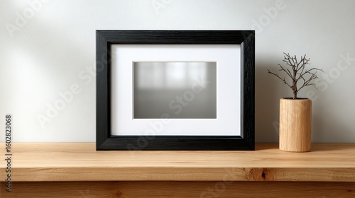 A modern black picture frame sits prominently on a wooden shelf, highlighting its empty center. Beside it, a sleek wooden plant pot contains a minimalist dried branch, adding a touch of elegance